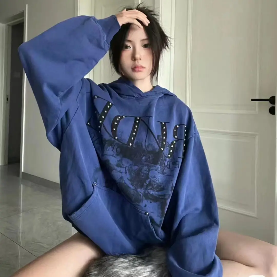 American Retro Beaded Long-Sleeved Hooded Sweatshirt Women Autumn Winter New Niche Design Loose Casual Versatile Top