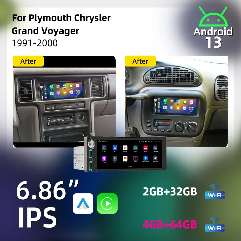 Central Multimídia Automotiva Android 6.86" com CarPlay 1 Din para Plymouth Chrysler Grand Voyager 1991-2000 Rádio Autorrádio GPS Multimídia