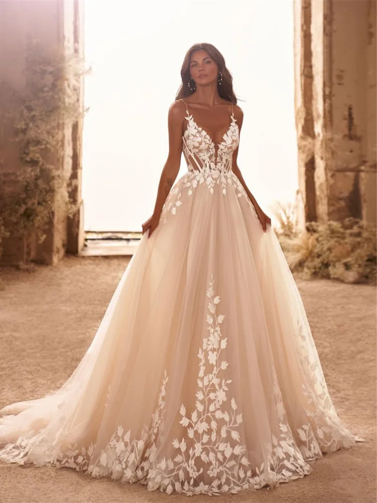 Abiti da sposa con scollo a v Boho cinghie per Spaghetti Appliques corsetto BEach Tulle abito da sposa pizzo lunghezza del pavimento abiti De Novia