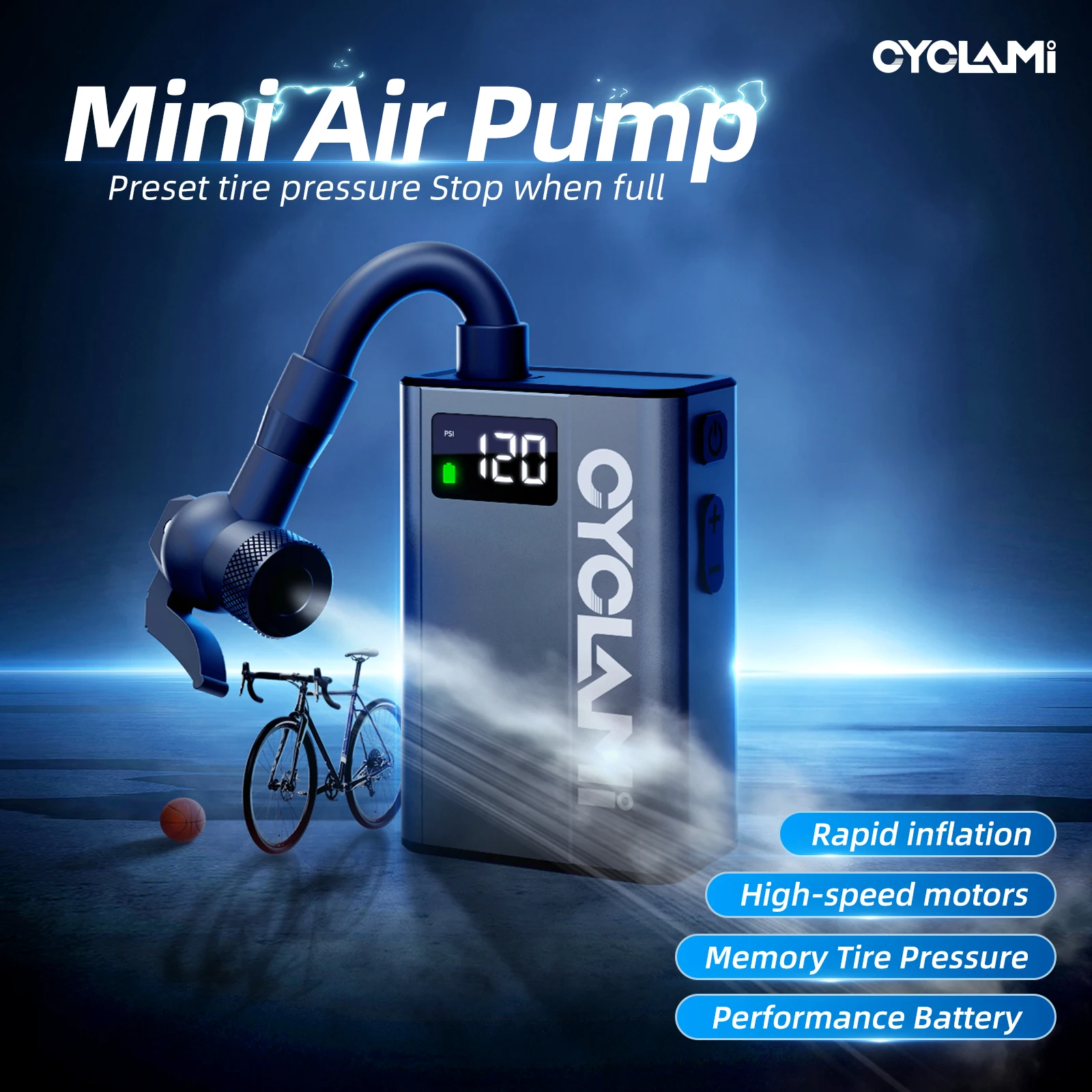 120 PSI Bike Portable Electric Pump Aluminum Alloy Mini Cycling Bicycle Tire Inflator Pressure Display Start CYCLAMI E1 Team