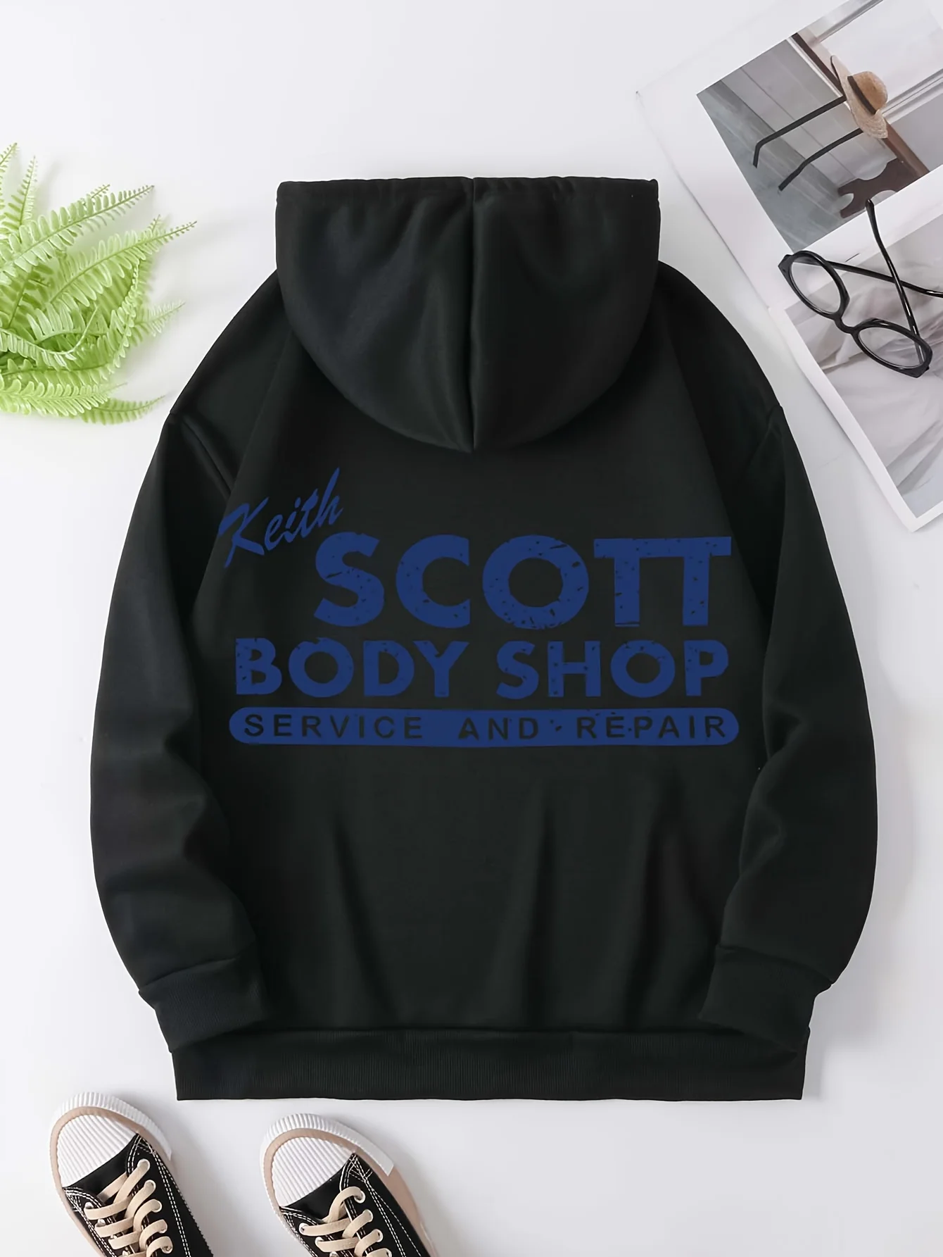 Herren Keith Scott Body Shop Hoodie Hip Hop Sport Casual Streetwear Retro Mechaniker-Print Übergroßer Pullover Sweatshirt Oberteil – Detail 5