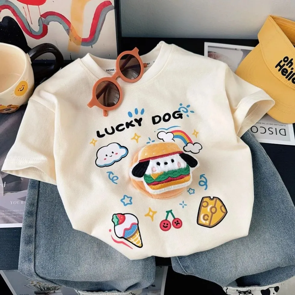

1-18Y Kids Cotton T-shirt for Boys Girls Mom Dad Clothes Short-sleeved Children's Three-dimensional Rainbow Wallet Doll Tops