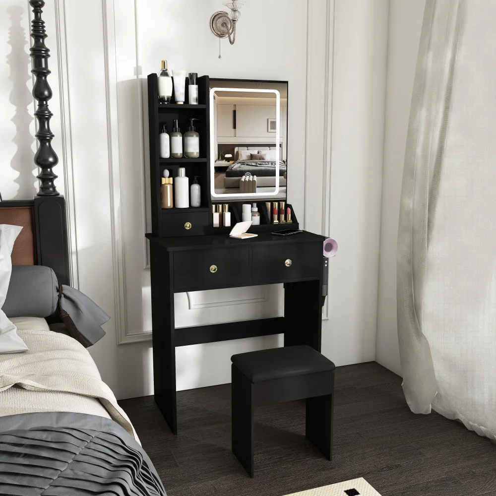 Orraves Modern Small Vanity Desk, Featuring 3 Modes of LED Lighting with Adjustable Brightness, 3 Drawers and Multiple Open Storage Shelves, a Hair Dryer Holder and Power Socket, and a Dressing Chair. Black