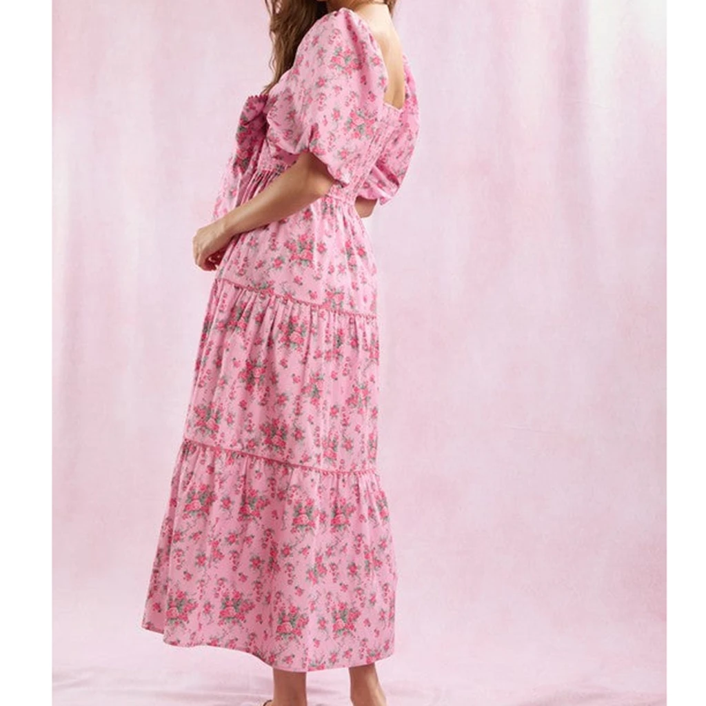 فستان نسائي قصير الأكمام على شكل حرف a لعام 2025 فستان صيفي غير رسمي مطبوع عليه زهور ورقبة مربعة وفيونكة كبيرة للحفلات لملابس الشارع الكوكتيل