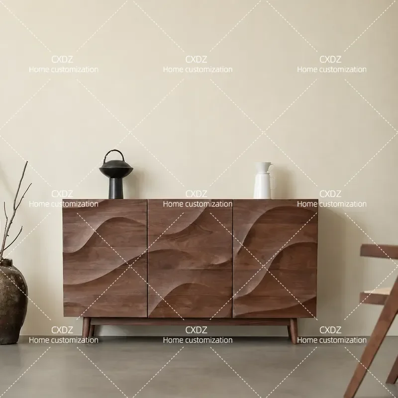 Nordic Solid Wood Chest Cabinet Wavy Pattern Medium Antique Style Dining Sideboard Porch Shoe Storage Retro Locker with Card