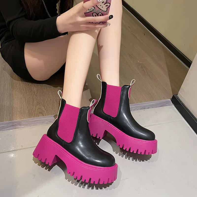 Platform Boots Women Designer Chunky Heels Cowgirl Boots Woman Color Matching Round Toe Thick-sole Ankle Shoes Botas De Mujer