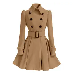 Women Winter Woolen Coat With Best Elegant Waist Tight Double-breasted Lapel Windbreaker Loose Hem Tight Waist Lady Trench Coat