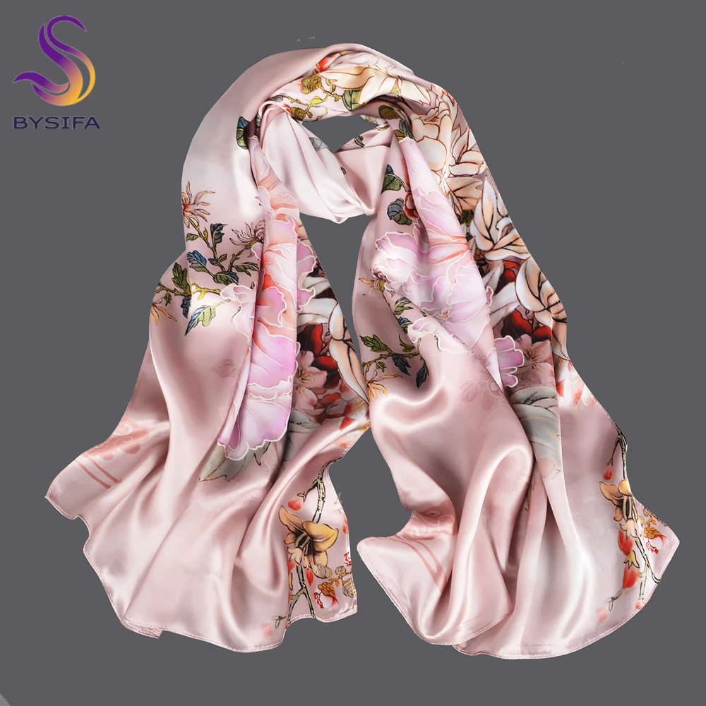 BYSIFA|Brand Grey Pink Silk Scarf Shawl Foulard Chain Style Peony Design Long Scarves Fall Winter100% Silk Ladies Scarf 170*53cm