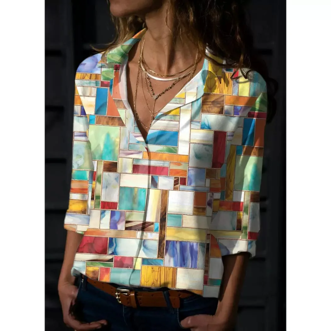 

Women's Shirt Geometric Button Printed Long Sleeve Street Casual Blouse Collar Regular Geometric