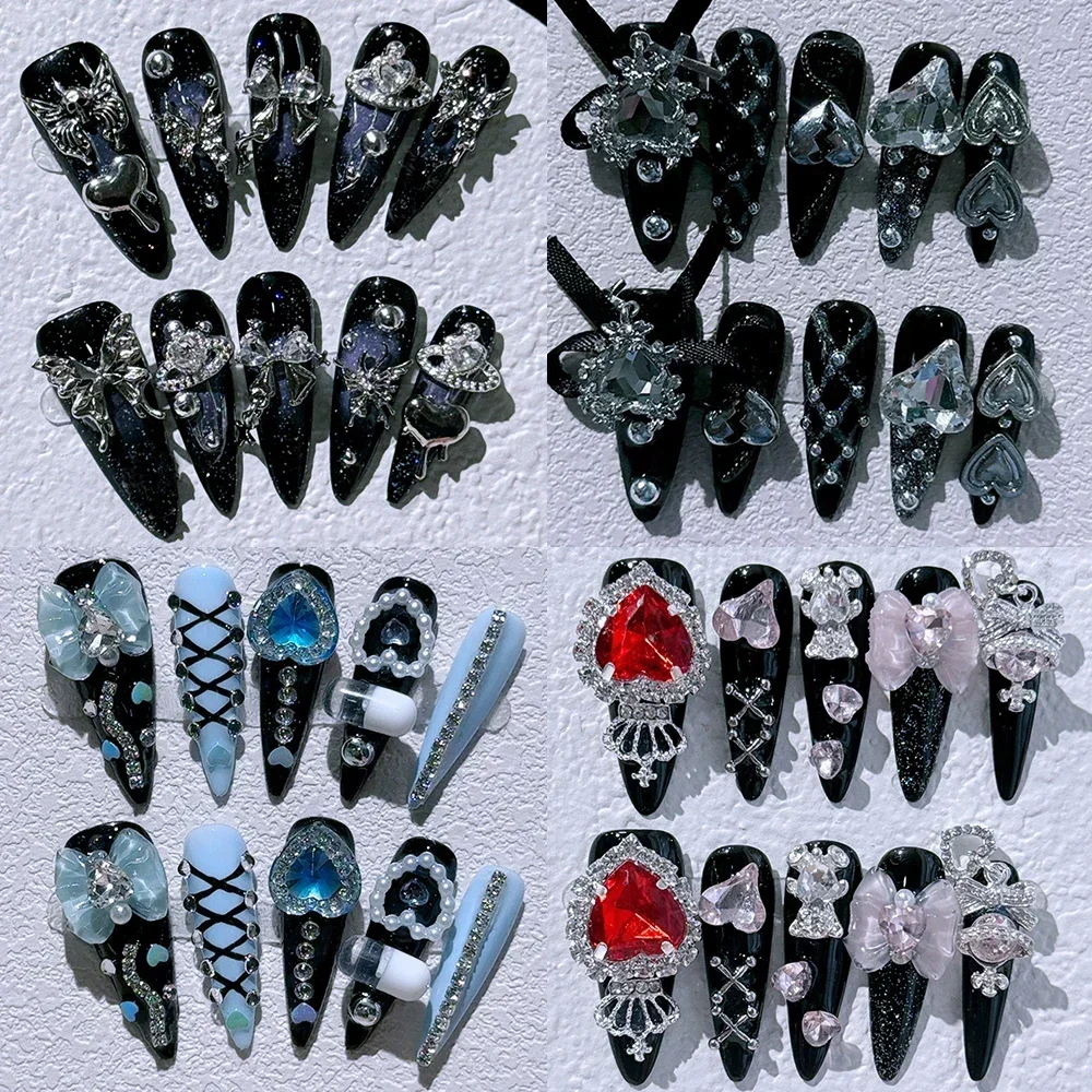 

Gothic Dark Style Handmade Pressed Nail Art Metal Spider Red Love Diamond Long Pointy Shape Fake Nail Party Gift Wholesale