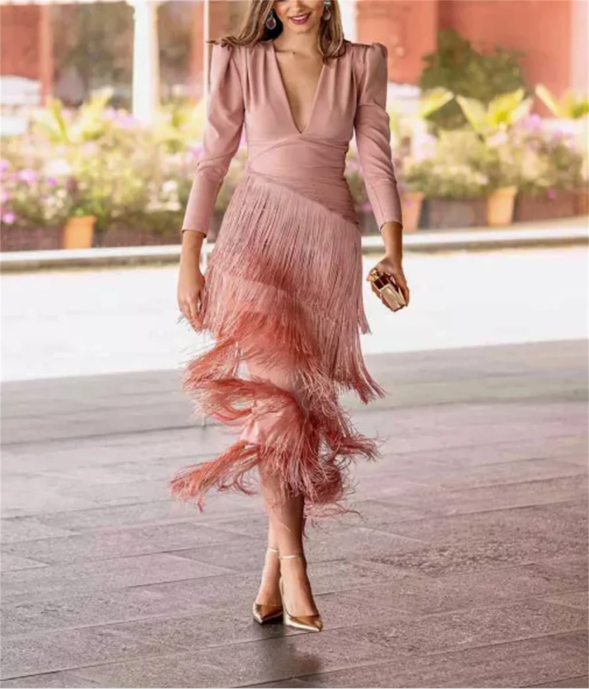 Elegant Pink Formal Occasion Gown French V Neck Long Sleeves Tassel Evening Gown Ladies to Calf Length Custom Evening Gown 2024