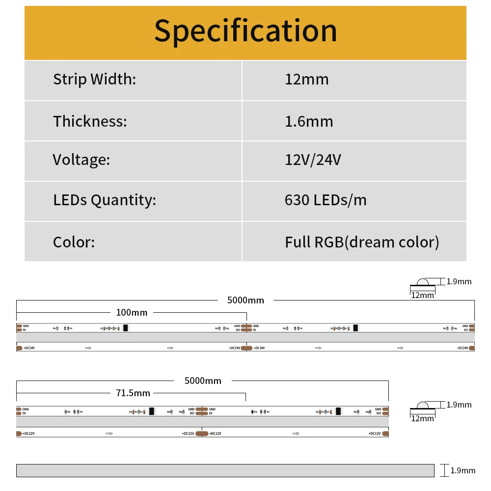 PAUTIX 5m IP65 wodoodporna COB RGBIC taśma LED DC 12V/24V 630 leds/m wysoka gęstość elastyczny adresowalny piksel pełny kolor do wystroju