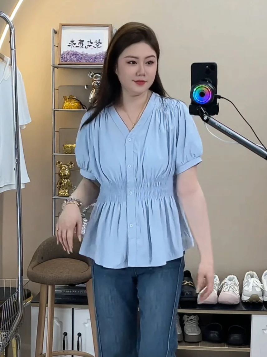 

Blue Slimming Shirt Women's Summer New Style Waist-Cinching Belly-Covering Fashionable Top Korean Style Loose Fit Short Sleev...
