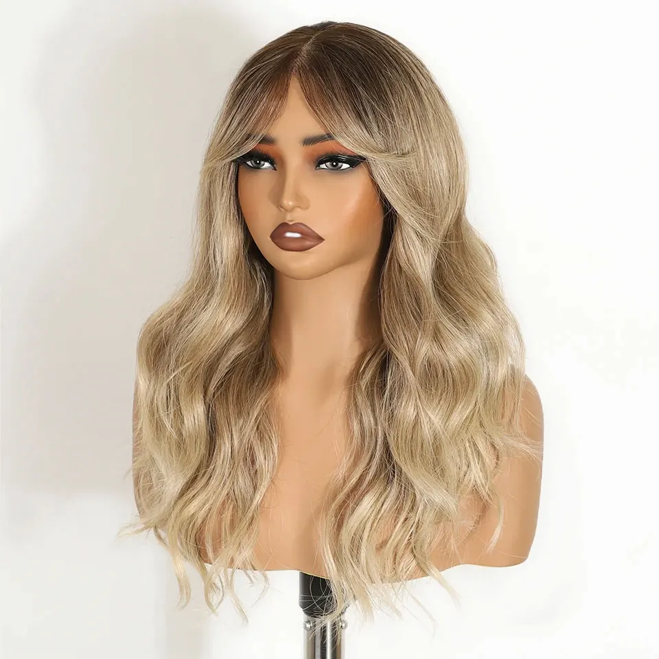 Noble 20-Zoll-Synthetik-Perücken mit Spitze vorne für schwarze Frauen, Ombré-Blond, 6x4, gewellte Perücke mit Pony, hitzebeständige Cosplay-Perücke. – Detail 8