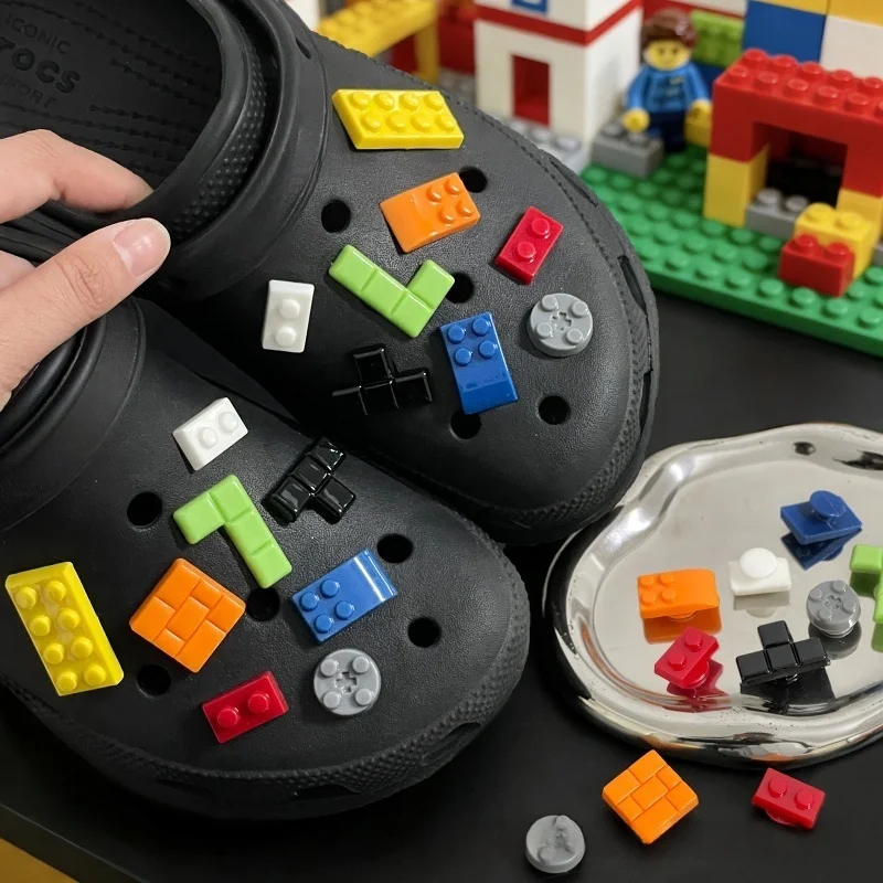 16PCS Building Block Shoes Charms Set Tetris Style Shoe Decorations for Clogs Sandals Creative Brick Shoe Accessories Party Gift
