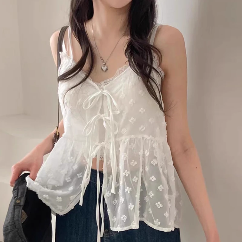 

Chic Summer Sweet Fre V-ne Belted Design Embroidered Floral Versatile Layering Women's Csole Top Faionable Commute L...