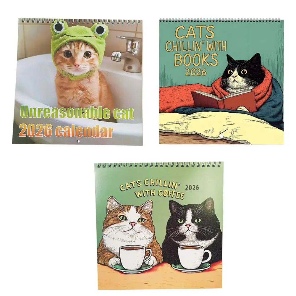 

Newest 2026 Cat Calendar Cats Chillin' with Coffee Handmade 12 Monthly Cats Wall Calendar 2026 Planner, Funny Family Planner