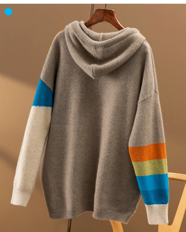 Autumn/Winter 2022 new rainbow inlaid loose and thick hooded 100% pure cashmere sweater women\'s hoodie long sleeve