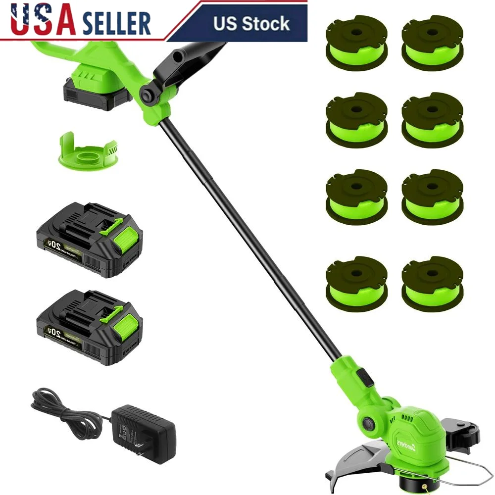 20V Cordless String Trimmer 2 X 2.0Ah Battery Lawn Edger Auto Line Feed Wheel Base Spacer Guard 90° Adjustable Head 180° Handle