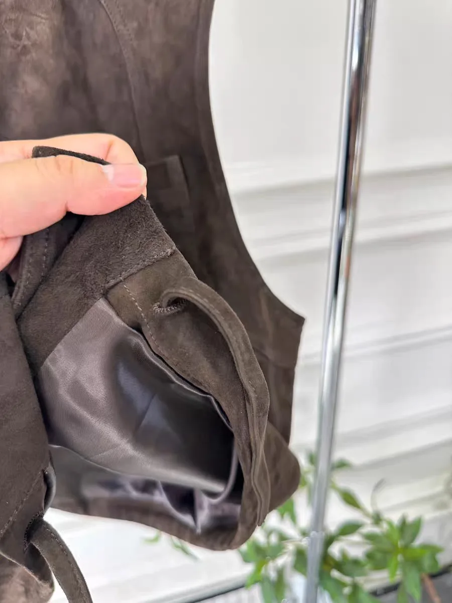 Retro Kid Pelle scamosciata 100% pelle di pecora Top Abbigliamento per donna Gilet in vera pelle Stile corto Girocollo britannico Abbigliamento a strati