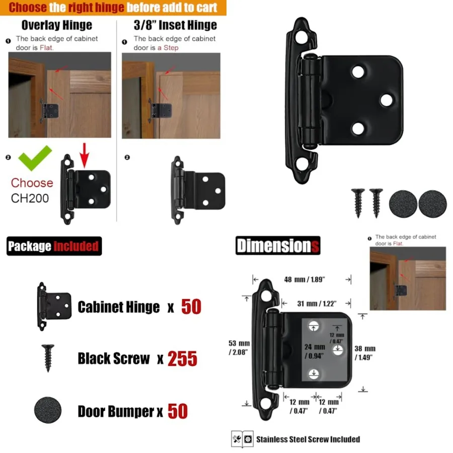 

1/2 Inch Overlay Cabinet Door Hinges, 50 Pack 25 Pairs Flush Face Mount Cupboard Self-Closing Kitchen Cabinet Hinges, CH200-BK-