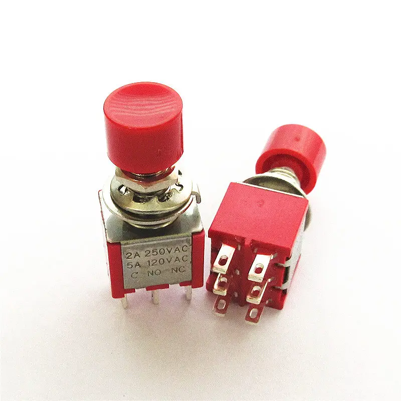 Red Button Switch PS-102 202 with Little Red Cap Round Self-Resetting Button 6-Pin Momentary Push Button Switch