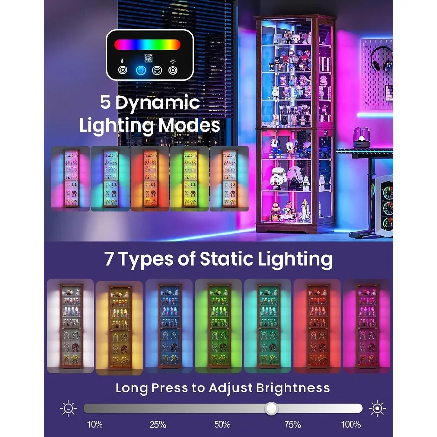 Display Cabinet with RGB Lights and Glass Doors for Collectibles: Tempered Glass, Black, Adjustable LED Lighting view 5
