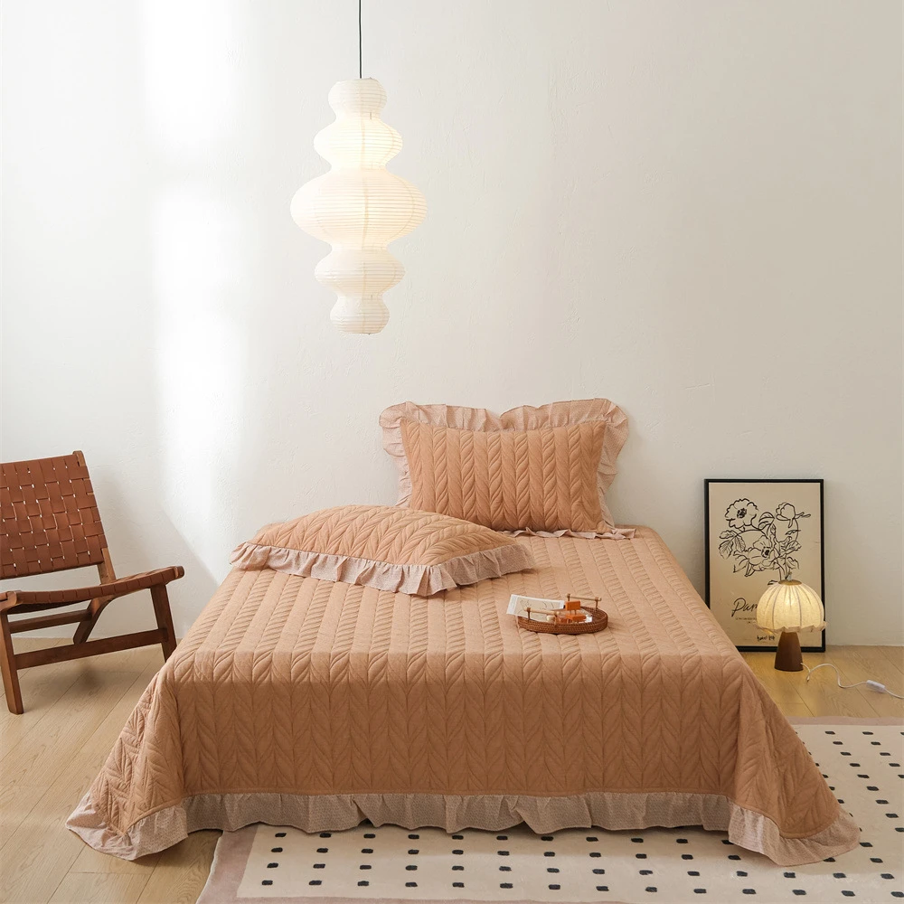 3pcs Pure Cotton Quilted Bed Cover Lace Bedspread Set Double-layer Yarn Blanket Quilt Queen Size Solid Leaf Pattern Bed-linen