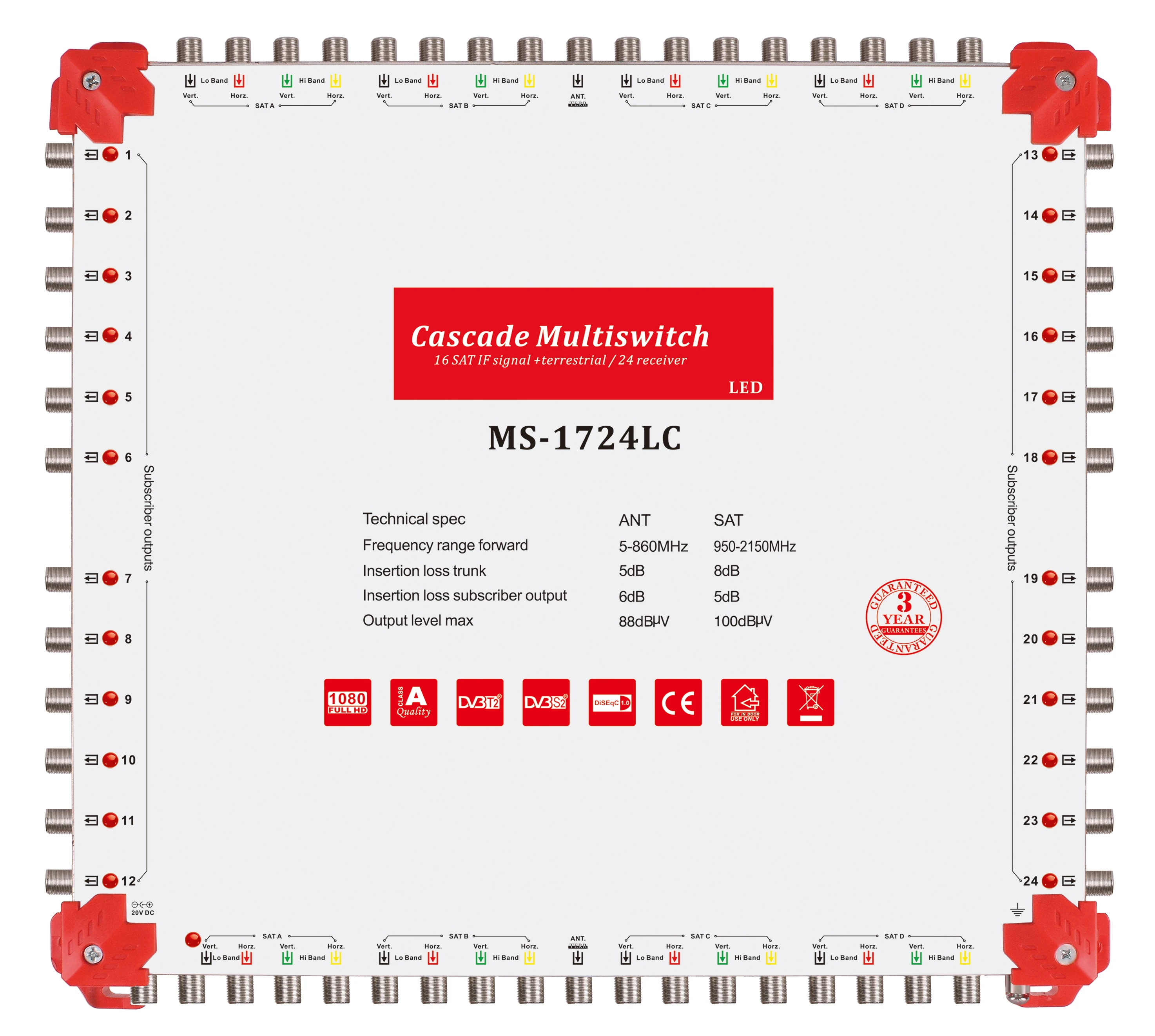 

17 In 24 Out Satellite Multiswitch Diseqc 2.0 C And Ku Band Cascadae Satellite Multiswitch