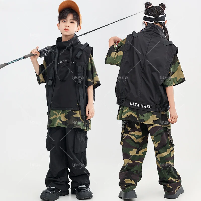 Boys Hip Hop Vest Camouflage T-shirt Cargo Pants Girls Street Dance Clothes Sets Kids Streetwear Child Jazz Military Outfits