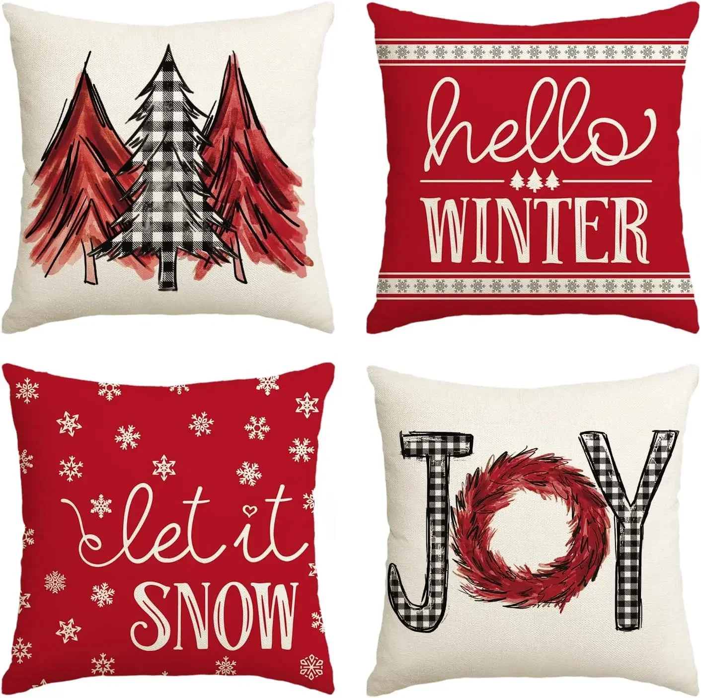 Merry Christmas Trees Mottos Red Throw Pillow Covers, Hello Winter Let it Snow Holiday Cushion Case Decoration for Sofa Couch