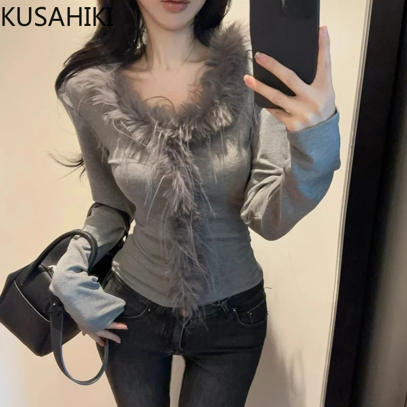 

KUSAHIKI Grey Patchwork Fur V-neck Long Sleeved T-shirt for Women Slim Fit Base Shirt Top