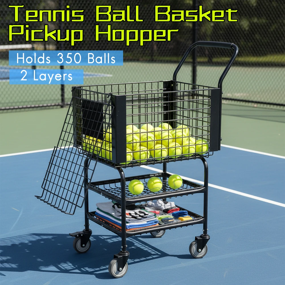 

Heavy Duty Tennis Ball Basket Cart Holds 350 Balls Wheeled Hopper Collector 2 Layers for Tennis Court Training Serve Practice