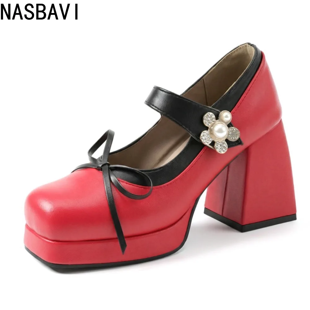 Purple Women Pumps Square Toe 9cm For Women Mary Janes Lolita Block Heel Platform Bowknot Princess Leather Shoes Big Size 34-48
