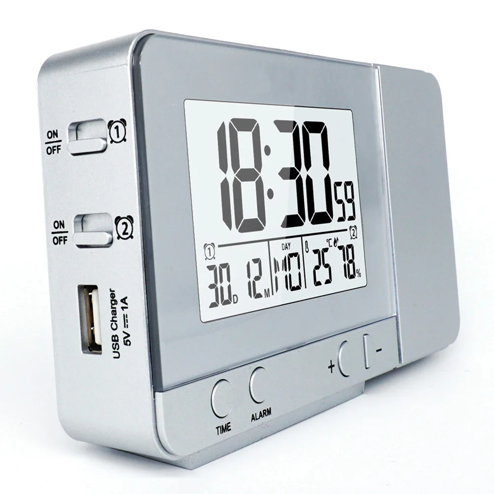 

Led Projection Alarm Silver Multi-Function Time Temperature Humidity Display Usb Powered Rotating Night Light For Home