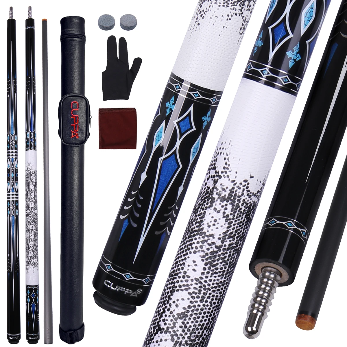 58 inch CUPPA AXL Premium Carbon Fiber Pool Cue Stick Set Genuine Leather Grip 12.5mm Tip for Billiards Competition