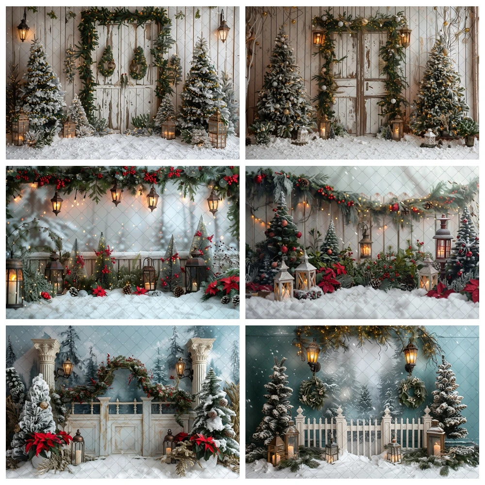 Winter Christmas Background Pine Trees Lanterns Wooden Fence Evergreen Branches Snowflake Baby Family Background Photo Studio