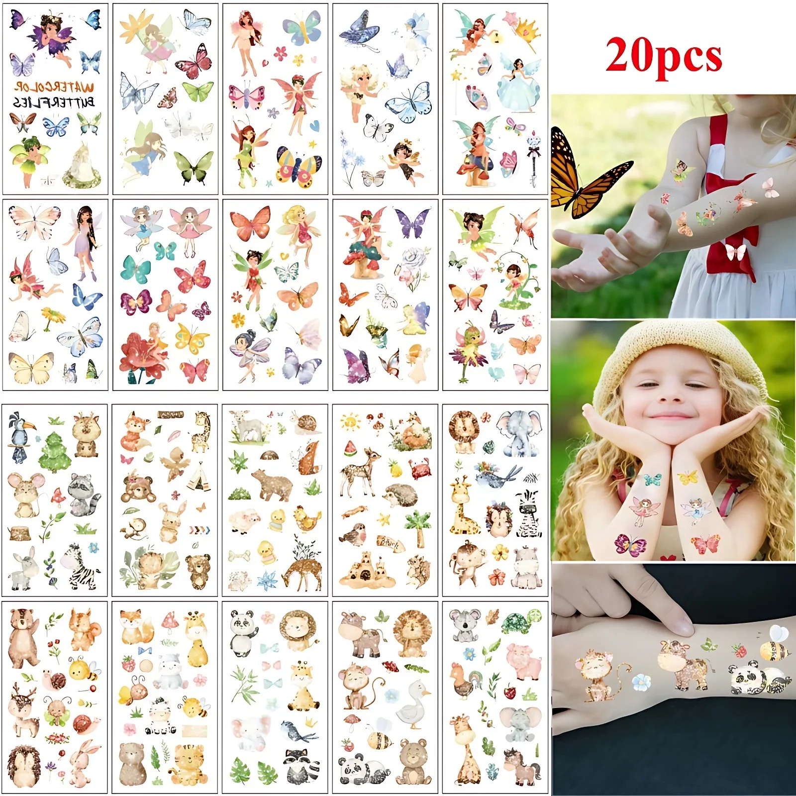 20pcs/set Temporary Glitter Fake Tattoo Cartoon Butterfly Elf Animal Horse Tiger Waterproof Transfer Tattoos for Children Face