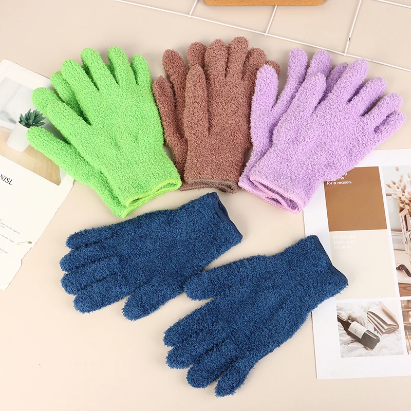 

1 Pair Cleaning Gloves Microfiber Coral Fleece Car Grooming Gloves Solid Color Five Finger Dust Removal Housework Absorbent Glov