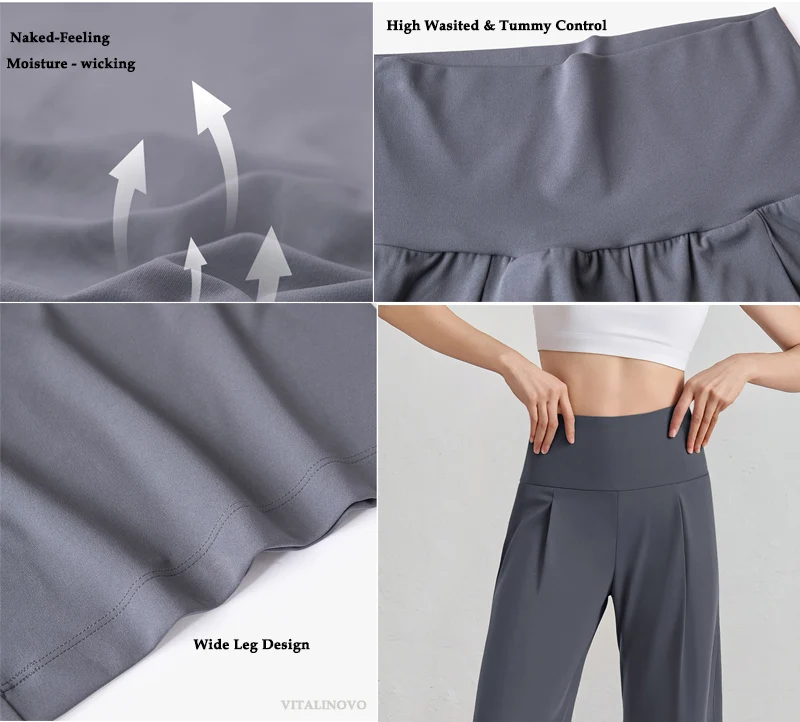 VITALINOVO Damen-Hose mit weitem Bein, ohne Taschen, hohe Taille, Stretch, lockere Jogginghose, Nake-Feeling, lässig, Lounge, Yoga, Workout, Palazzo – Detail 15