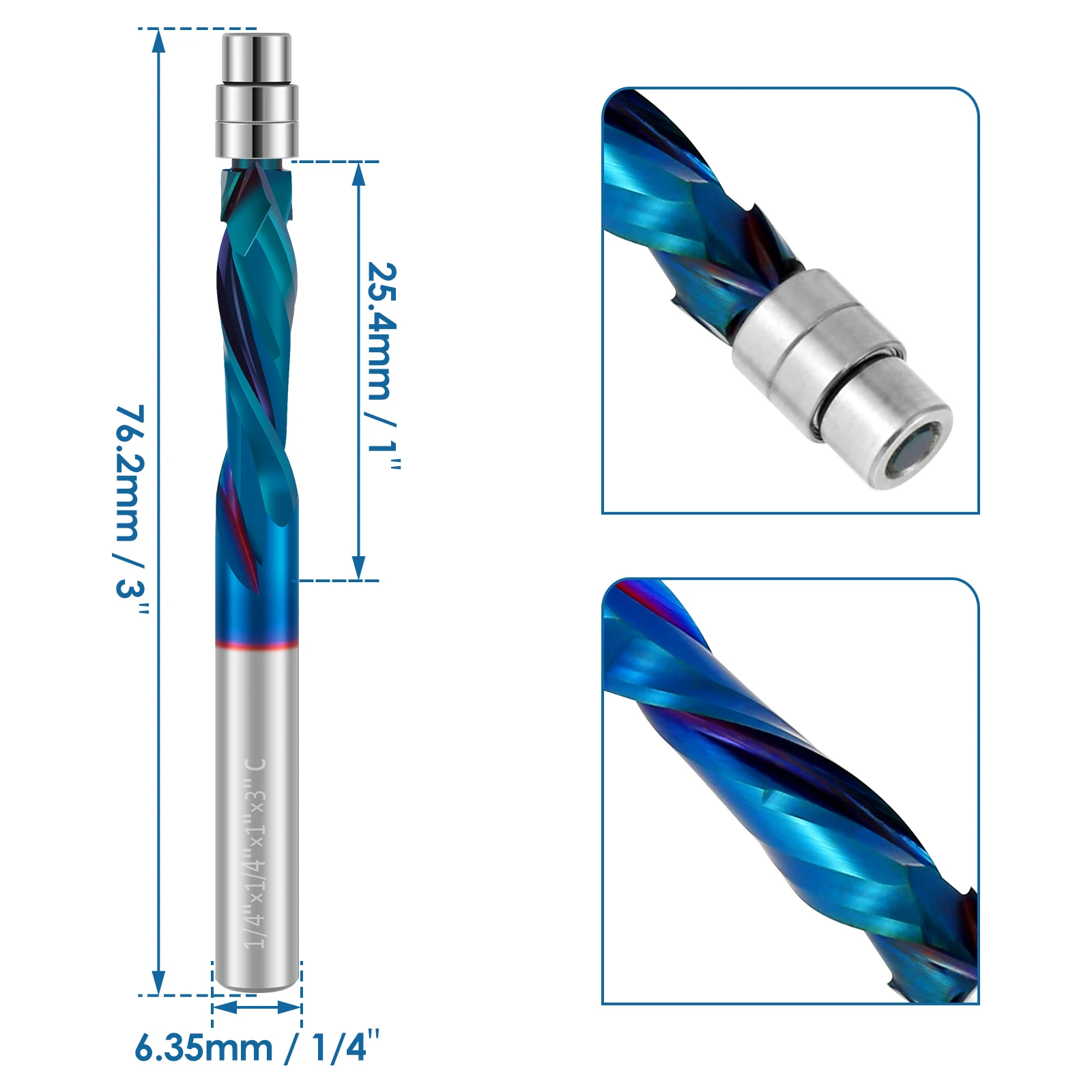 Up Down Cut Spiral Flush Trim Router Bit 1/4 Inch Shank Carbide Up Down Compression Flush Trim Router Bit with Nano Blue Coated