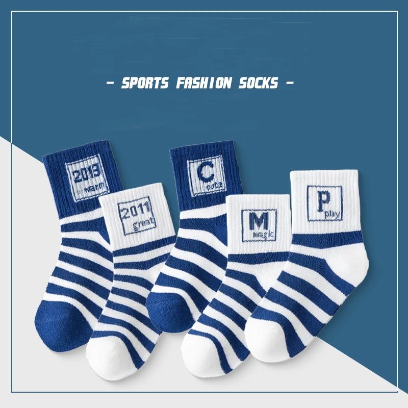 Striped Letter Spring Summer Children's Fashionable Socks Mesh Breathable Cotton Boys Socks 3-15 Year Kids Socks 5 Pairs/Lot