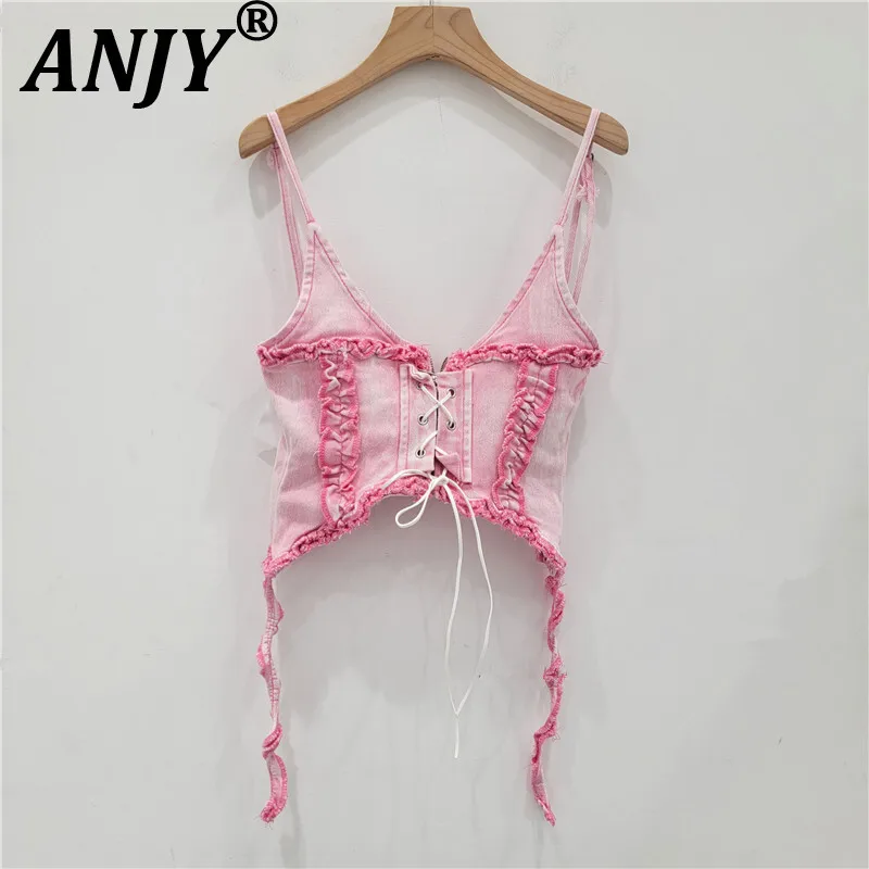 

ANJY Summer New Women's French Chic Y2K Streetwear Sexy Trendy Lace Up Spliced Ruffles Denim Vest Camisole Short Tank Tops A8115