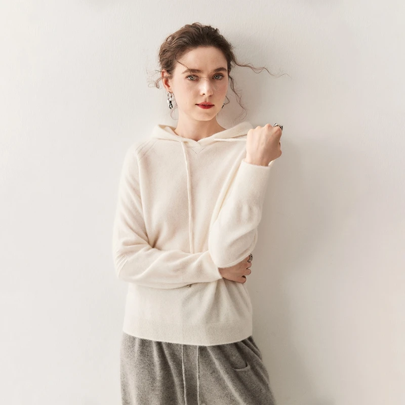 เสื้อฮู้ดแคชเมียร์ผู้หญิง 100% แคชเมียร์ เสื้อไหมพรมแบบสวมหัว สไตล์ลำลอง สำหรับฤดูใบไม้ผลิ ฤดูใบไม้ร่วง ฤดูหนาว เสื้อฮู้ดนุ่ม อุ่นสบาย