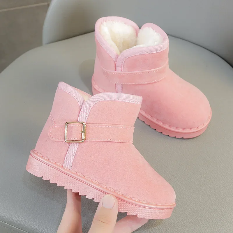 New Simple Fleece-lined Snow Boots Boys Girls Flat Mid-shaft Ankle Boots Student Outdoor Casual Shoes Children Warm Cotton Shoes