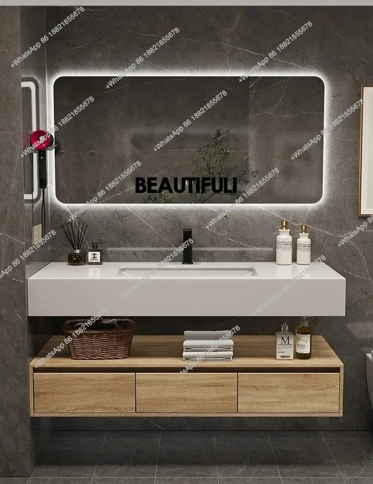 

RR Solid Wood Bathroom Cabinets Minimalist Rock Panel Integrated Bathroom Cabinets Washbasin Toilet Furniture