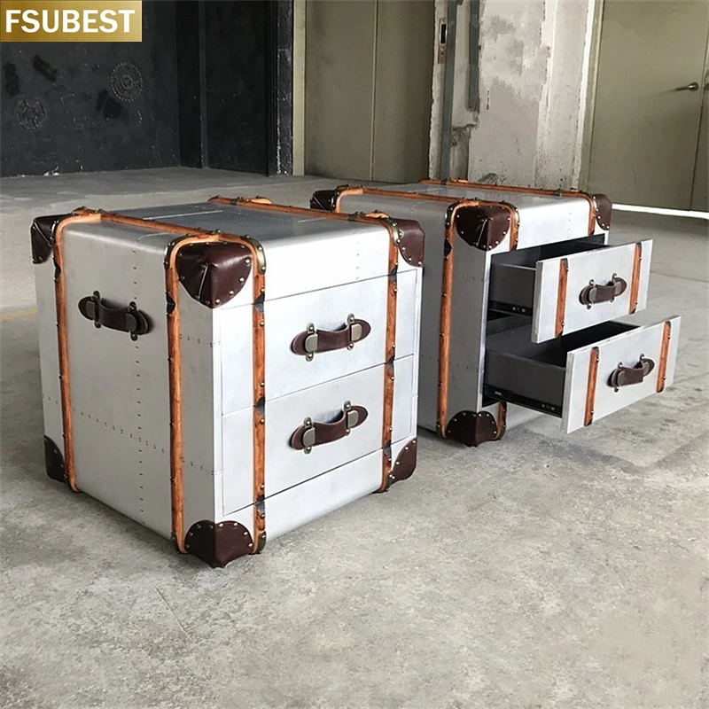 FSUBEST Industrial Aviator Metal Trunk Coffee Table Aluminium Antique Steamer Silver Old Trunk Table With Drawers Storage Chests