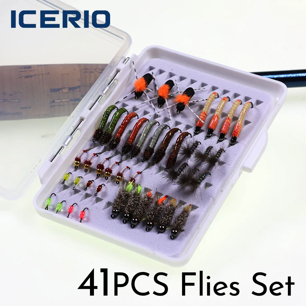 ICERIO 41-teiliges Fliegenfischen-Set, Nass-/Trocken-Nymphen-/Beadhead-Köder mit Box, Forellen-, Barsch- und Lachs-Angelköder-Set für Süßwasserflüsse
