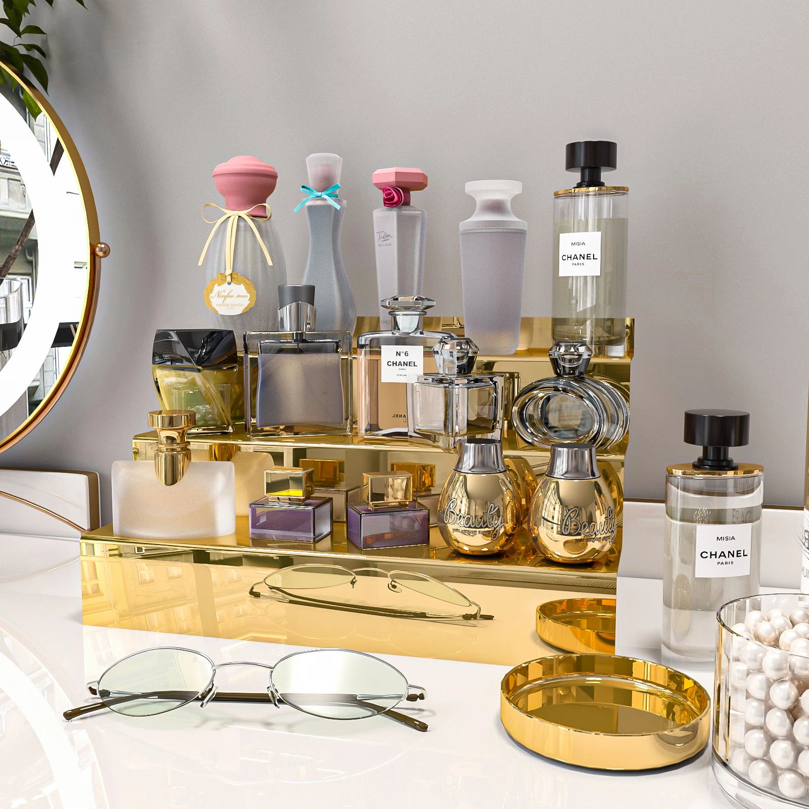 Golden Mirror Acrylic 3-Tier Organizer (For Nail Polish/Perfume/Lipstick/Cologne) - Mirror Polished Finish, Lightweight & Portab