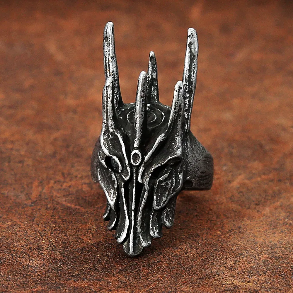 Retro Viking Black Sauron Helmet Dragon Stainless Steel Ring Mythology Dragon Gothic Punk Rock Fashion Jewelry For Men And Women